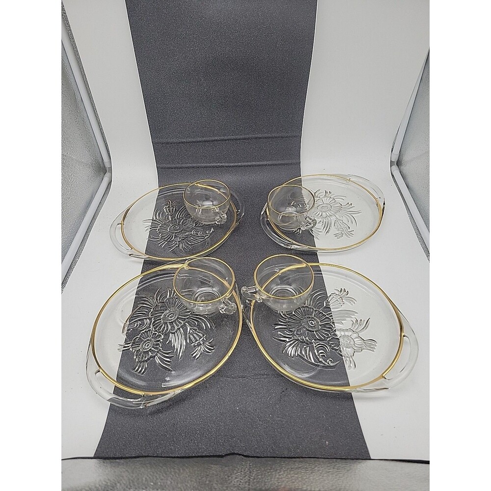 4 - Jeannette Camellia Tray And Cup- 4 Sets Gold Trim Vtg Flower Clear Glass Tea